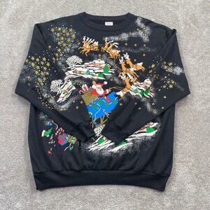 Vintage Christmas on Mainstreet Santa Sleigh Puff Print Sweatshirt Black Large